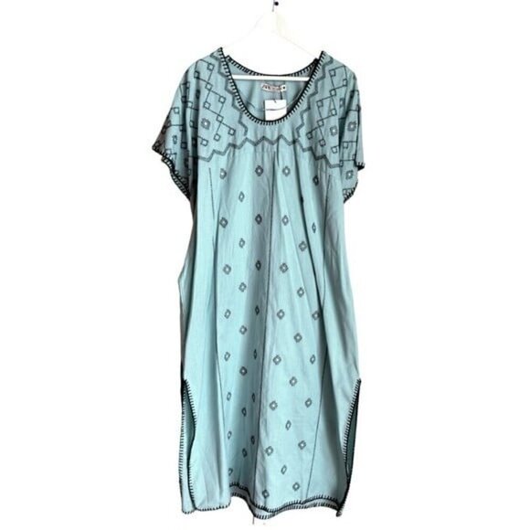 ZARA Bloggers Fav V- Neck Linen Embroidered Caftan Dress Tie Waist Size L NEW - Picture 11 of 13